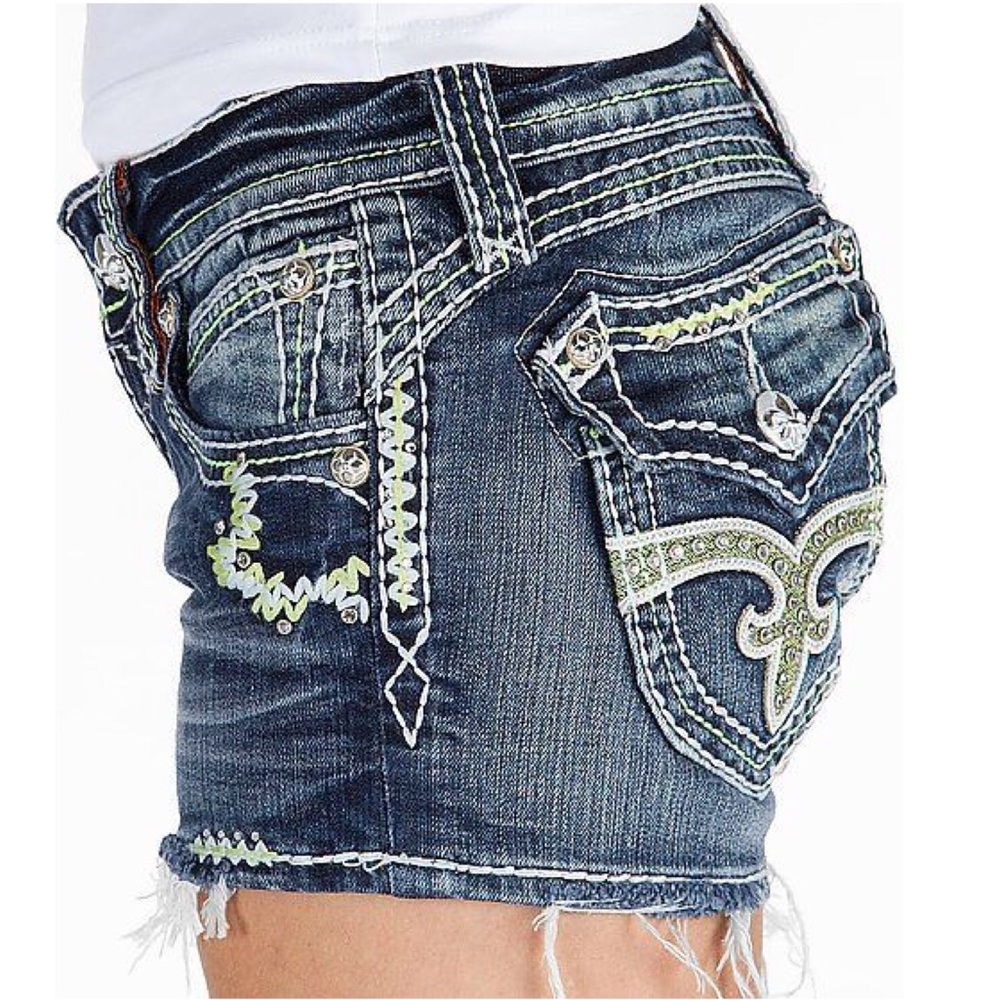 Rock Revival Jean Shorts with Green Stitching